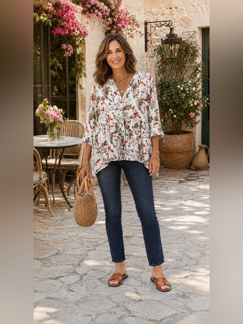 Jones New York Floral Tunic Blouse 3/4 Sleeve High Low Hem Boho Top Cottagecore